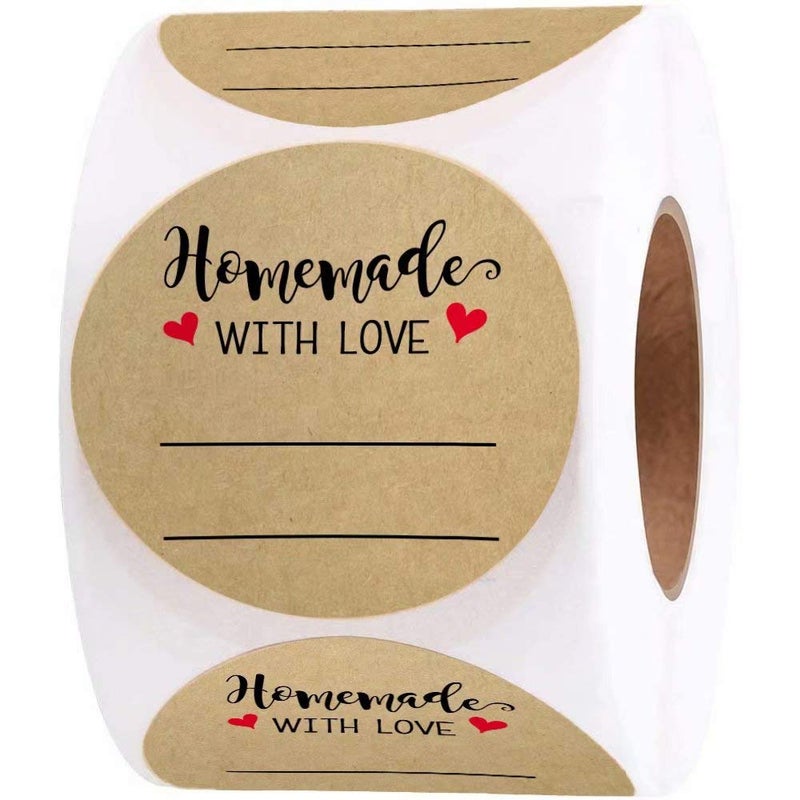 BATTOO 2 Inch Homemade with Love Sticker with Lines for Writing (500 Labels per roll) Brown Kraft Stickers for Canning Labels Jar, Store Owners, Crafts, Organizing, Gift, Price Tags, Envelop Seal - Image 1